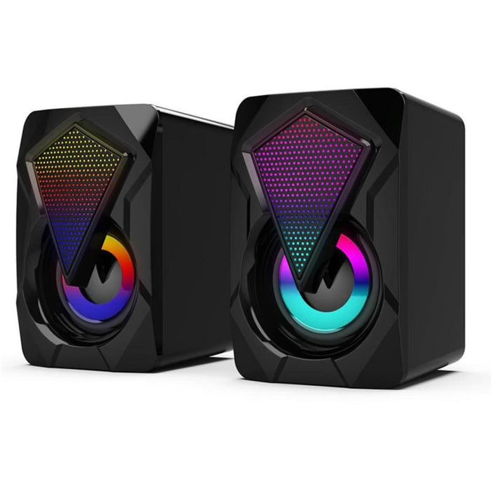 RGB Gaming Speakers for PC Gamers: black, multicolor RGB lighting pair of computer speakers, futuristic gaming style