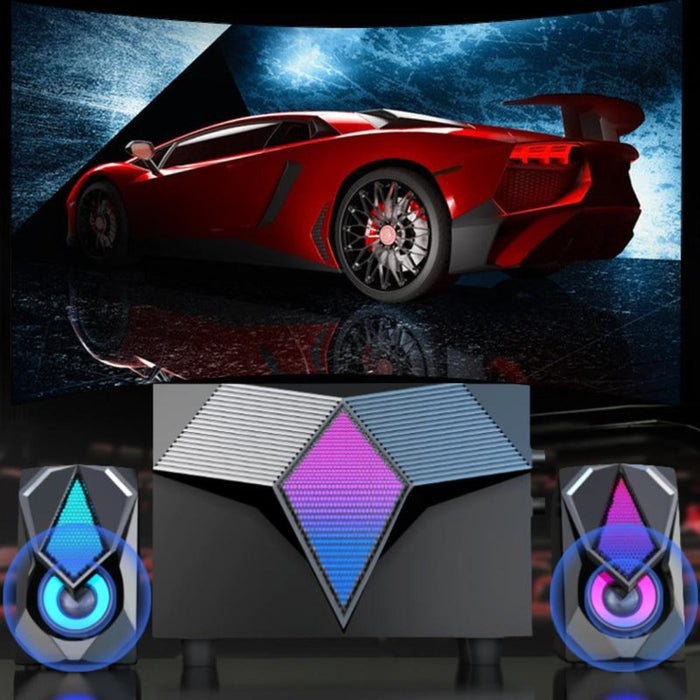 RGB Gaming Speakers for PC Gamers: black, multicolor RGB lighting pair of computer speakers, futuristic gaming style