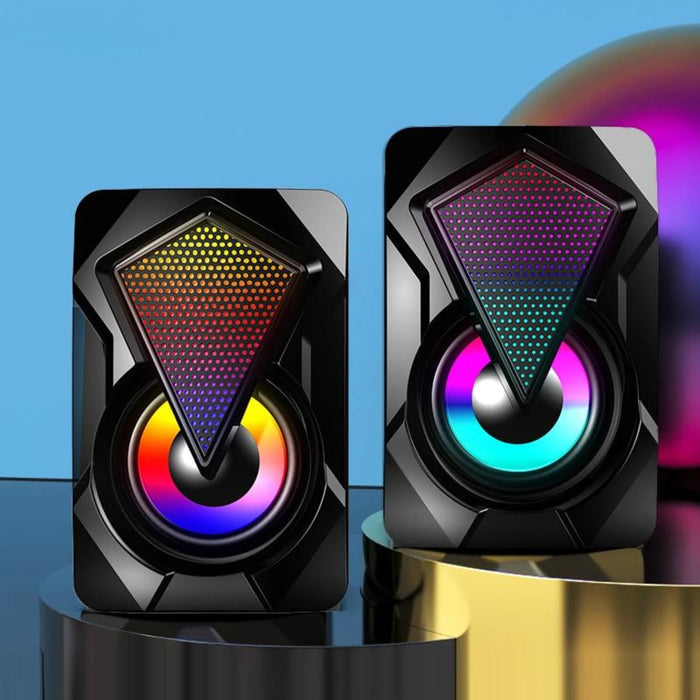 RGB Gaming Speakers for PC Gamers: black, multicolor RGB lighting pair of computer speakers, futuristic gaming style