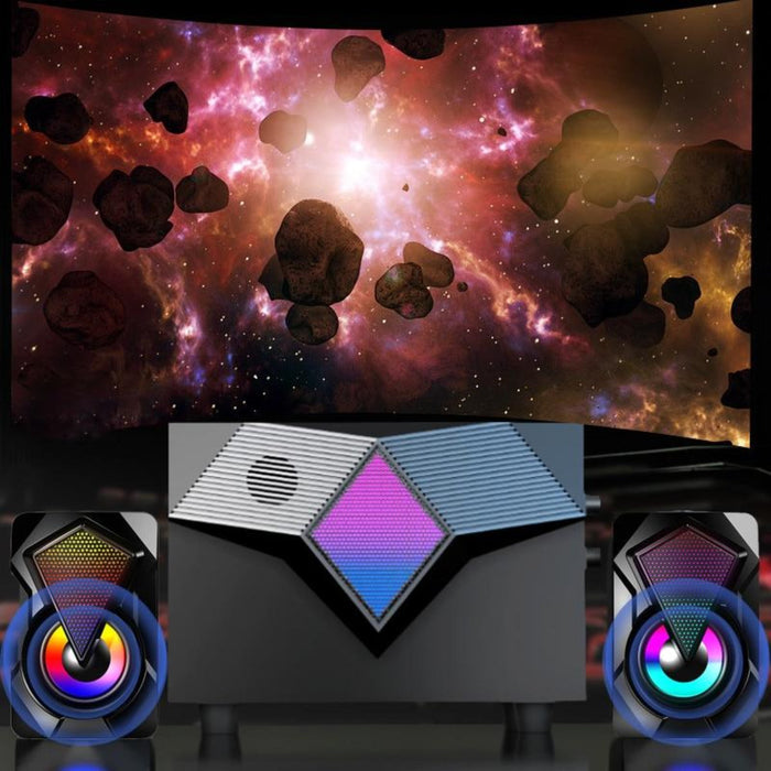 RGB Gaming Speakers for PC Gamers: black, multicolor RGB lighting pair of computer speakers, futuristic gaming style