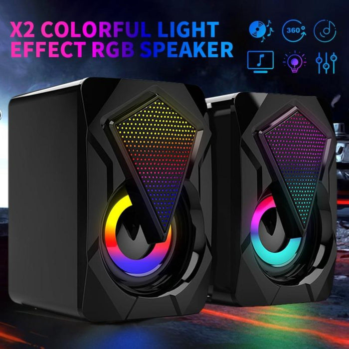 RGB Gaming Speakers for PC Gamers: black, multicolor RGB lighting pair of computer speakers, futuristic gaming style