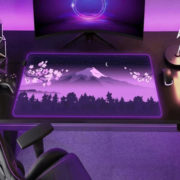RGB Purple Mouse Pad Featuring Japanese Scenery: purple, black night mountain landscape with cherry blossoms, stylized cartoo