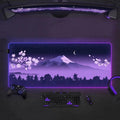 RGB Purple Mouse Pad Featuring Japanese Scenery: purple, black night mountain landscape with cherry blossoms, stylized cartoo