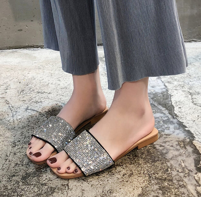Rhinestone Slip-On Sandals for Women: silver, black open-toe slide sandals, glamorous casual style