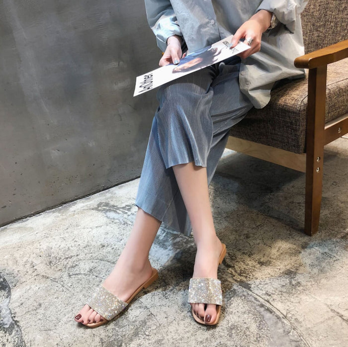 Rhinestone Slip-On Sandals for Women: silver, black open-toe slide sandals, glamorous casual style