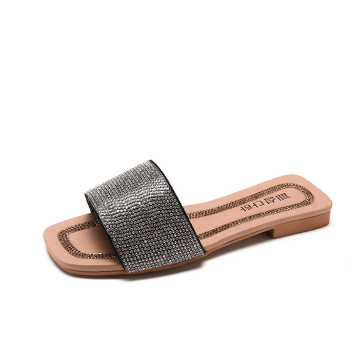 Rhinestone Slip-On Sandals for Women: silver, black open-toe slide sandals, glamorous casual style