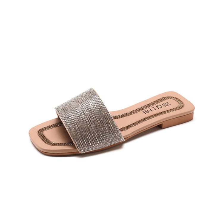Rhinestone Slip-On Sandals for Women: silver, black open-toe slide sandals, glamorous casual style