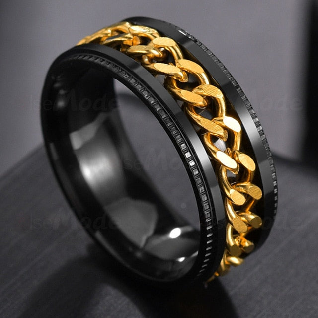 Rotating Black Chain Style Men's Stainless Steel Ring: black, gold rings, bold modern style