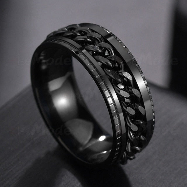 Rotating Black Chain Style Men's Stainless Steel Ring: black, gold rings, bold modern style