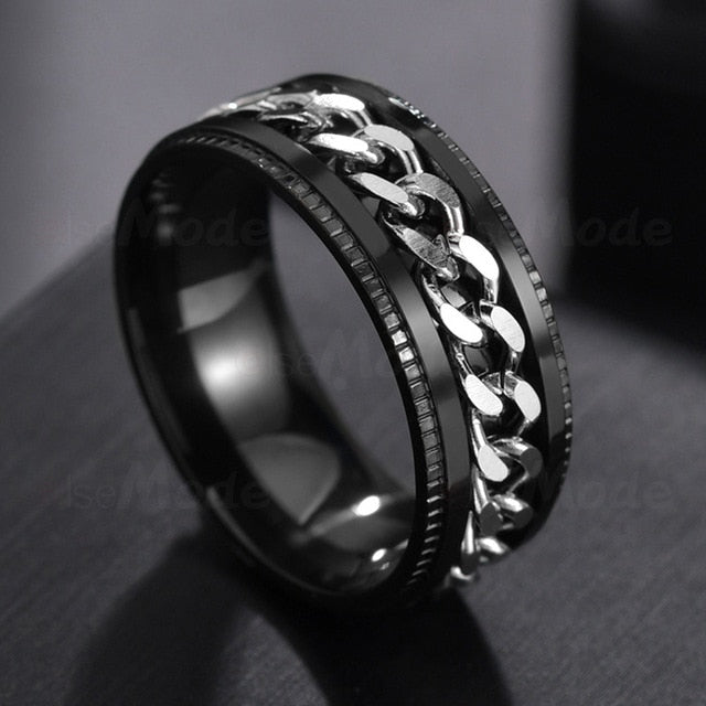 Rotating Black Chain Style Men's Stainless Steel Ring: black, gold rings, bold modern style