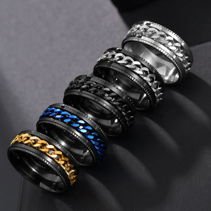 Rotating Black Chain Style Men's Stainless Steel Ring: black, gold rings, bold modern style