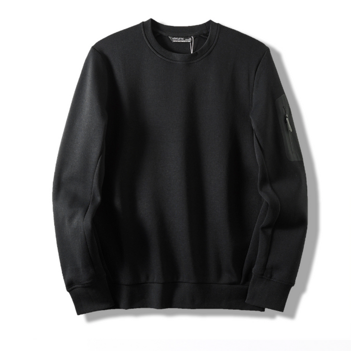 Round Neck Men's Sweatshirt with Sleeve Pocket: dark navy blue crewneck sweatshirt, minimal style