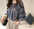 Ruffle Sleeve Chiffon Top: slate gray, blue-gray women's blouse/top, feminine, romantic style