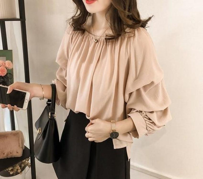 Ruffle Sleeve Chiffon Top: slate gray, blue-gray women's blouse/top, feminine, romantic style