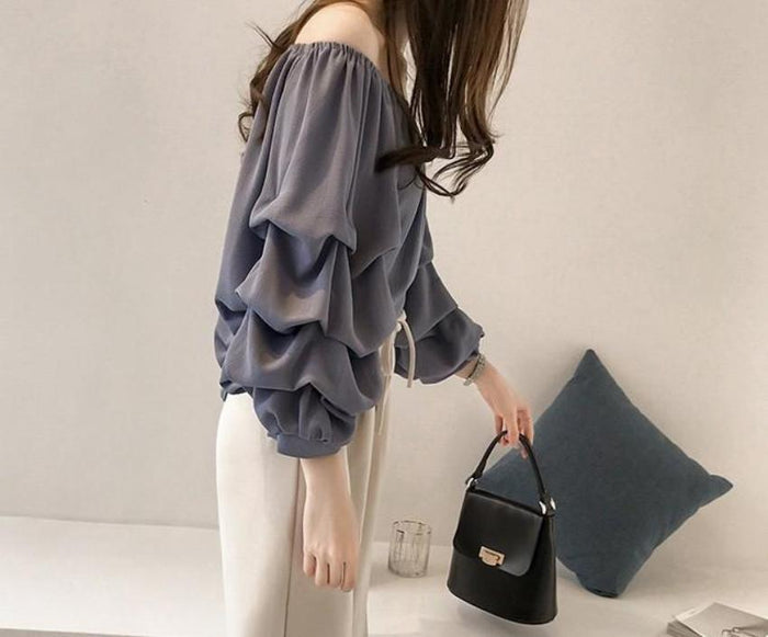Ruffle Sleeve Chiffon Top: slate gray, blue-gray women's blouse/top, feminine, romantic style