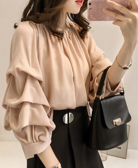 Ruffle Sleeve Chiffon Top: slate gray, blue-gray women's blouse/top, feminine, romantic style