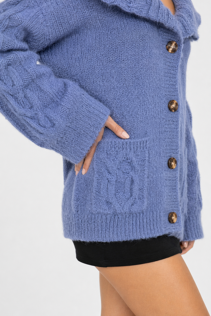 Ruffled Collar Ladies' Cardigan Blue