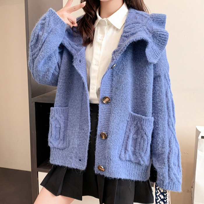 Ruffled Collar Ladies' Cardigan: light blue, brown hooded cardigan sweater, casual cozy knit style