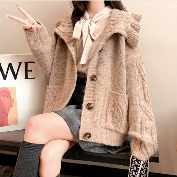 Ruffled Collar Ladies' Cardigan: light blue, brown hooded cardigan sweater, casual cozy knit style
