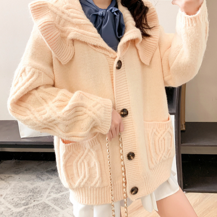 Ruffled Collar Ladies' Cardigan: light blue, brown hooded cardigan sweater, casual cozy knit style