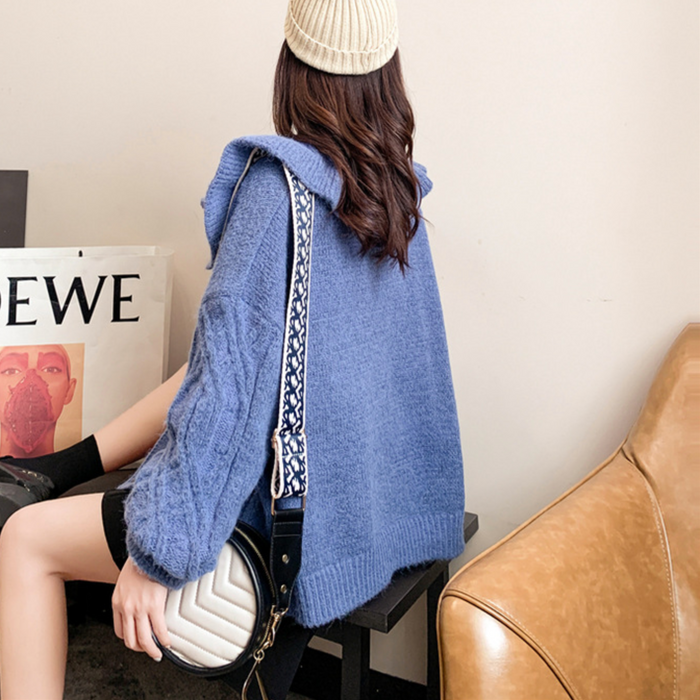 Ruffled Collar Ladies' Cardigan: light blue, brown hooded cardigan sweater, casual cozy knit style