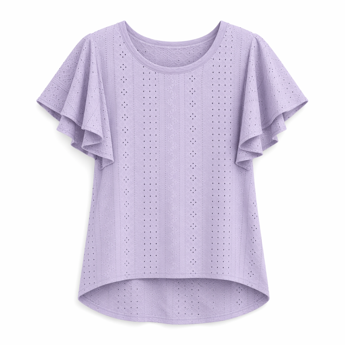 Ruffled Round Neck Top for Women with Cap Sleeves Purple