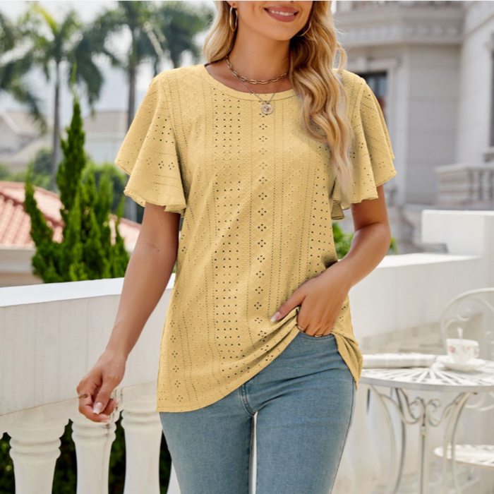 Ruffled Round Neck Top for Women with Cap Sleeves: light lavender/purple short-sleeve blouse/top, feminine casual style