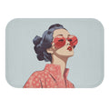 Sakura Blossom Kimono Style Bath Mat: light blue, coral pink stylized woman character, retro cartoon illustration style