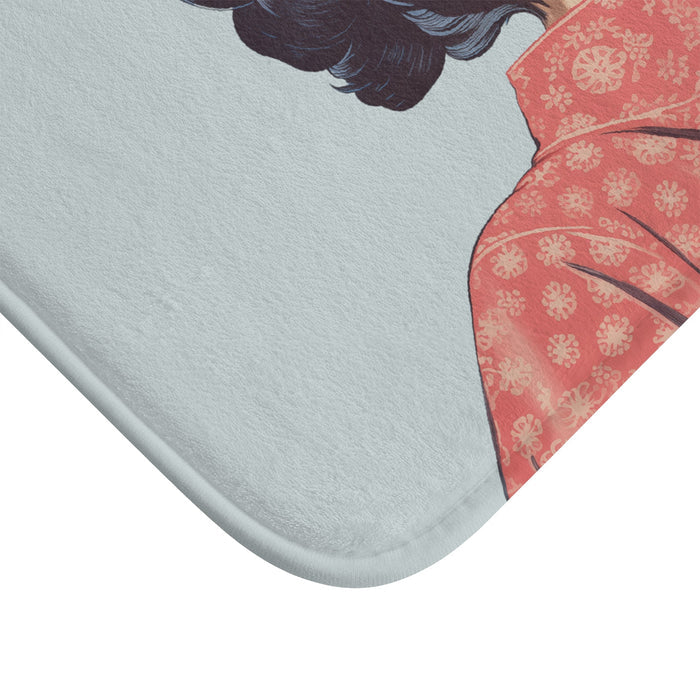 Sakura Blossom Kimono Style Bath Mat: light blue, coral pink stylized woman character, retro cartoon illustration style
