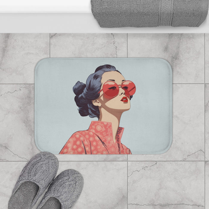 Sakura Blossom Kimono Style Bath Mat: light blue, coral pink stylized woman character, retro cartoon illustration style