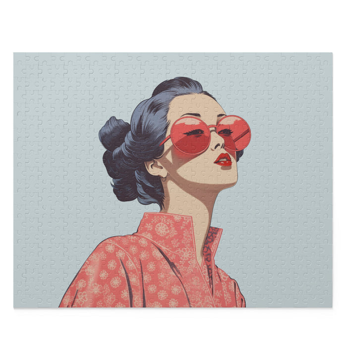 Sakura Blossom Serenity Jigsaw Puzzle, 500 Pieces: light blue, red stylized woman wearing red sunglasses, retro cartoon illus