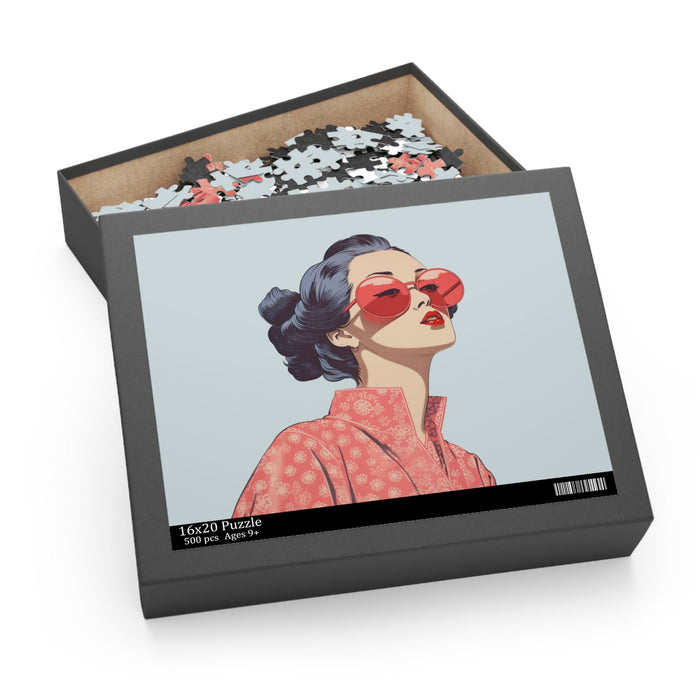 Sakura Blossom Serenity Jigsaw Puzzle, 500 Pieces: light blue, red stylized woman wearing red sunglasses, retro cartoon illus