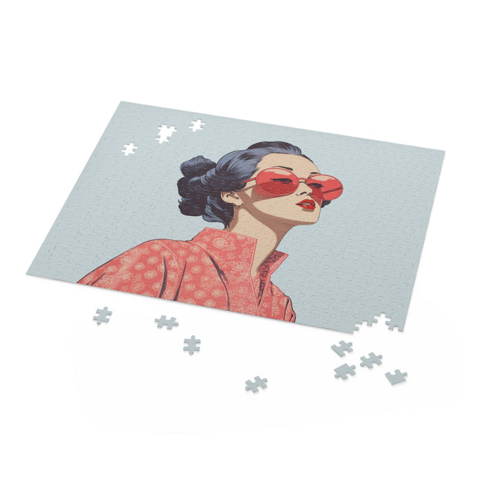 Sakura Blossom Serenity Jigsaw Puzzle, 500 Pieces: light blue, red stylized woman wearing red sunglasses, retro cartoon illus