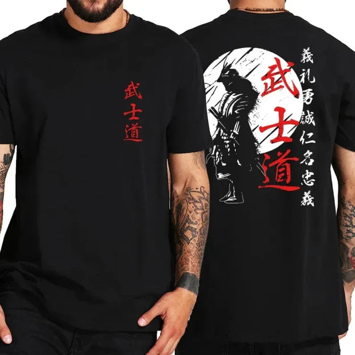 Samurai-Inspired Short Sleeve Tee for Men: black, red samurai warrior, Japanese-inspired graphic streetwear style