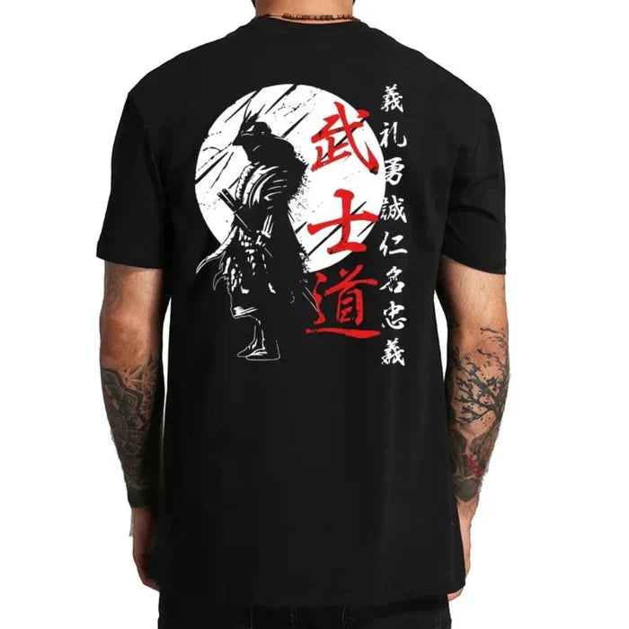 Samurai-Inspired Short Sleeve Tee for Men: black, red samurai warrior, Japanese-inspired graphic streetwear style