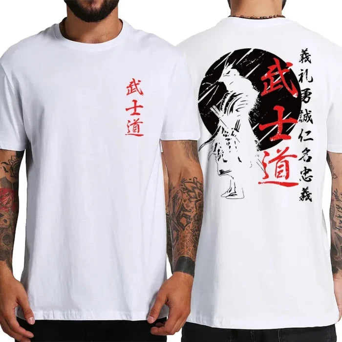 Samurai-Inspired Short Sleeve Tee for Men: black, red samurai warrior, Japanese-inspired graphic streetwear style