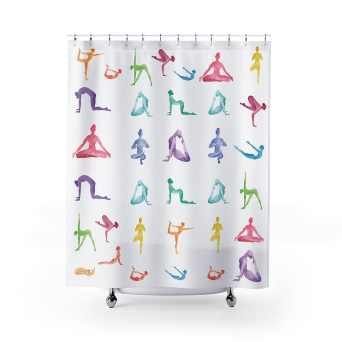 Sanctuary Shower Curtains for Yoga Practice: white, pink yoga poses, minimal watercolor illustration style