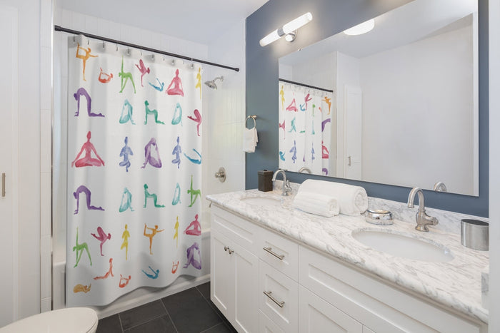 Sanctuary Shower Curtains for Yoga Practice: white, pink yoga poses, minimal watercolor illustration style