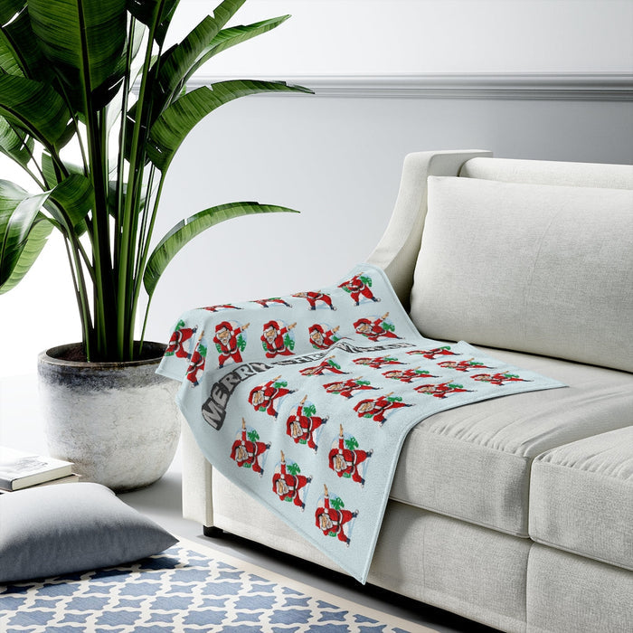 Santa Dancing Plush Velveteen Throw: light blue, red Christmas gnomes, cartoon holiday style