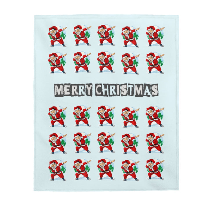 Santa Dancing Plush Velveteen Throw: light blue, red Christmas gnomes, cartoon holiday style