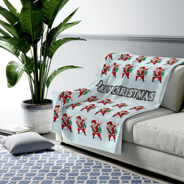 Santa Dancing Plush Velveteen Throw: light blue, red Christmas gnomes, cartoon holiday style