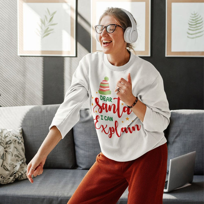 Santa I Can Explain Women's Sweatshirt: white, red Christmas/Santa theme, festive graphic style