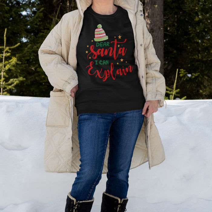 Santa I Can Explain Women's Sweatshirt: white, red Christmas/Santa theme, festive graphic style