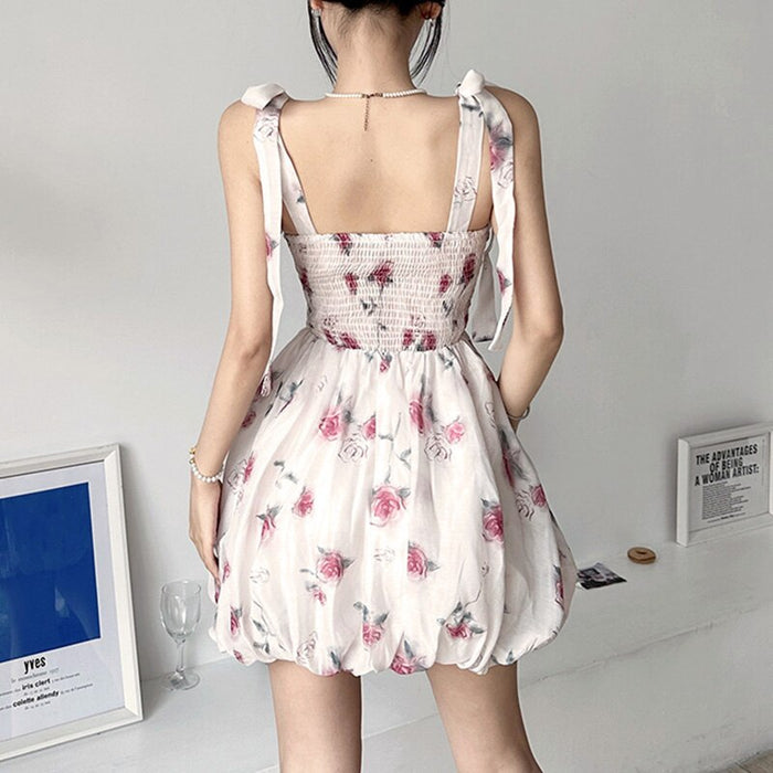 Sassy Floral Mini Dress with Zipper: white, pink rose floral pattern, romantic, feminine, vintage-inspired style