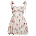 Sassy Floral Mini Dress with Zipper: white, pink rose floral pattern, romantic, feminine, vintage-inspired style