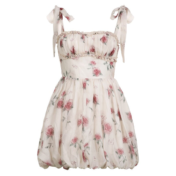 Sassy Floral Mini Dress with Zipper: white, pink rose floral pattern, romantic, feminine, vintage-inspired style