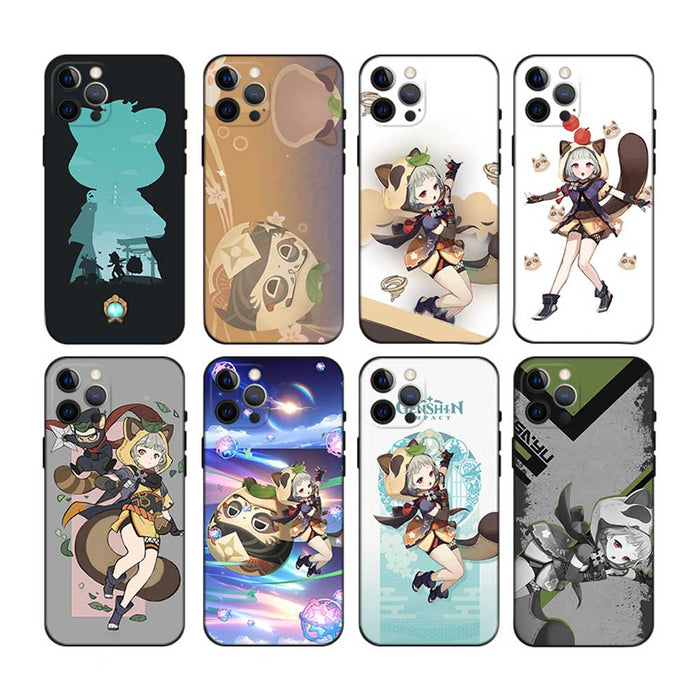 Sayu Genshin Impact Phone Case: black, white anime-style character and creature illustrations, anime, cartoon, kawaii style