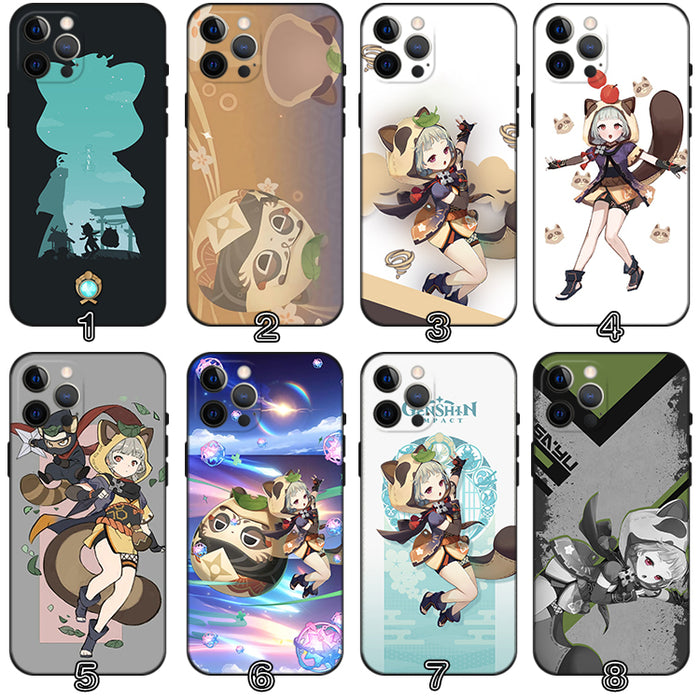 Sayu Genshin Impact Phone Case: black, white anime-style character and creature illustrations, anime, cartoon, kawaii style