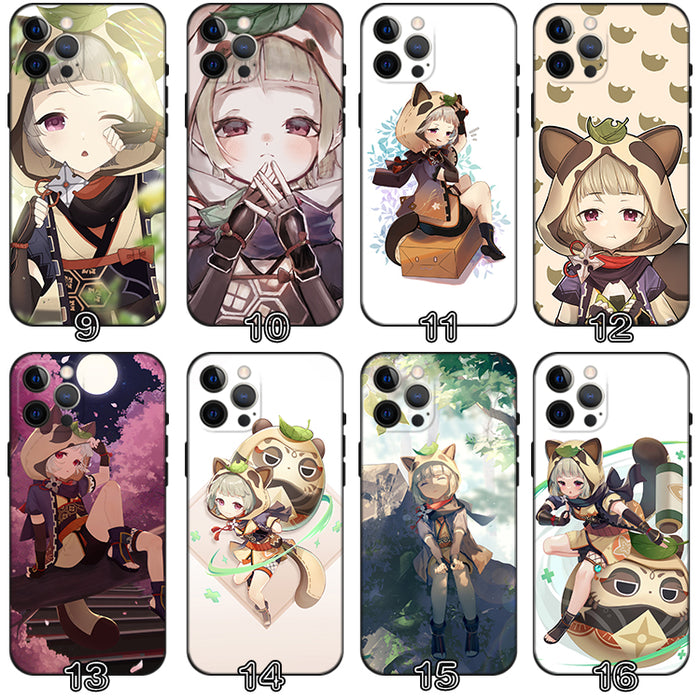 Sayu Genshin Impact Phone Case: black, white anime-style character and creature illustrations, anime, cartoon, kawaii style