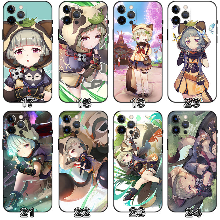 Sayu Genshin Impact Phone Case: black, white anime-style character and creature illustrations, anime, cartoon, kawaii style